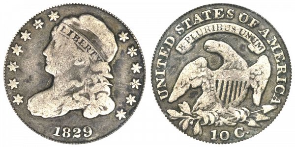 1829 Curl Base 2 Capped Bust Dime 