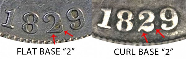 1829 Curl Base 2 vs Flat Base 2 Capped Bust Dime - Difference and Comparison