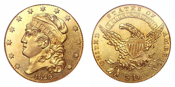 1829 Small Date Capped Bust $5 Gold Half Eagle - Five Dollars 