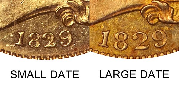 1829 Small Date vs Large Date - $5 Capped Bust Gold Half Eagle - Difference and Comparison