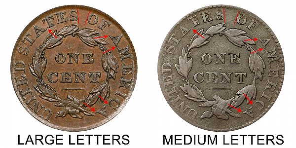 1830 Large Letters vs Medium Letters Coronet Head Large Cent - Difference and Comparison