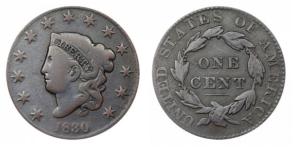 1830 Coronet Head Large Cent Penny - Medium Letters 