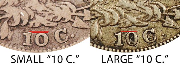 1830 Small 10C vs Large 10C Capped Bust Dime - Difference and Comparison