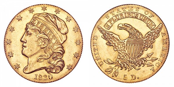 1830 Small 5D Capped Bust $5 Gold Half Eagle - Five Dollars 