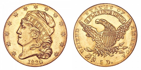 1830 Small 5D Capped Bust $5 Gold Half Eagle - Five Dollars
