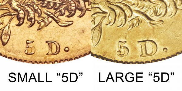 1830 Small 5D vs Large 5D - $5 Capped Bust Gold Half Eagle - Difference and Comparison