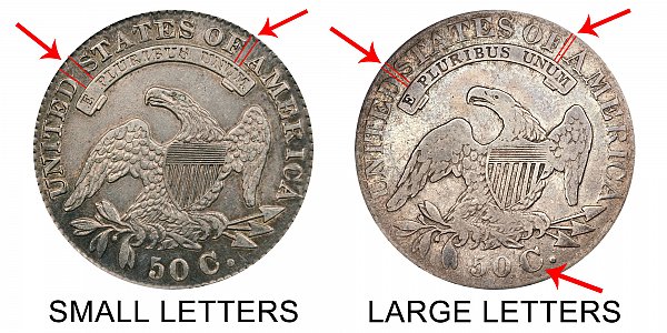 1830 Small Letters vs Large Letters Capped Bust Half Dollar - Difference and Comparison