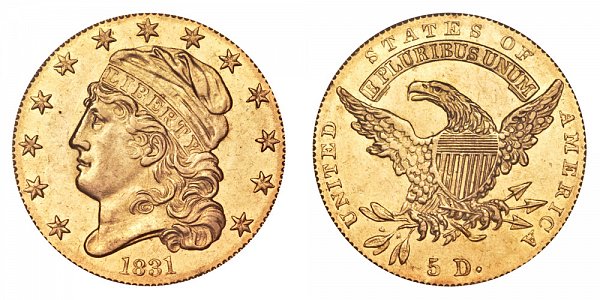 1831 Small 5D Capped Bust $5 Gold Half Eagle - Five Dollars