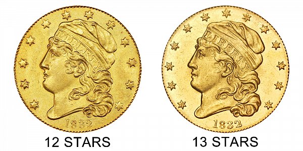 1832 12 Stars vs 13 Stars - $5 Capped Bust Gold Half Eagle - Difference and Comparison