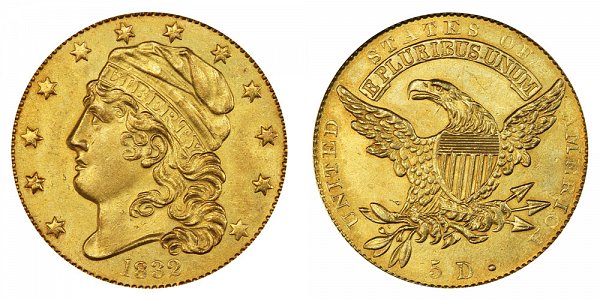 1832 12 Stars - Curl Base 2 - Capped Bust $5 Gold Half Eagle - Five Dollars 
