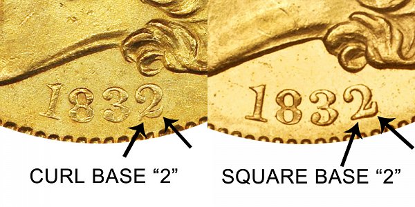 1832 Curl Base 2 vs Square Base 2 - $5 Capped Bust Gold Half Eagle - Difference and Comparison