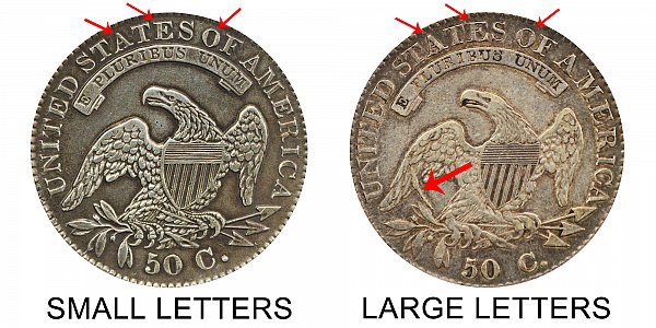 1832 Small Letters vs Large Letters Capped Bust Half Dollar - Difference and Comparison