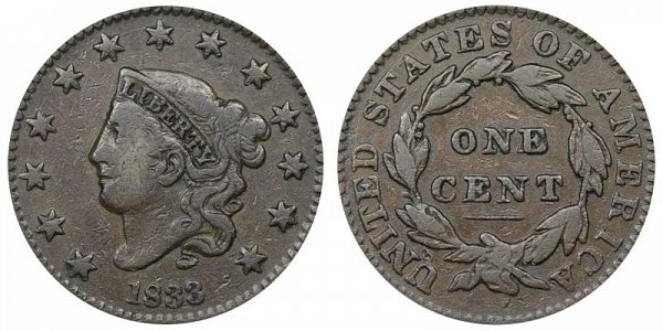 1833 Coronet Head Large Cent Penny 
