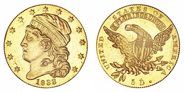 1833 Large Date - Capped Bust $5 Gold Half Eagle - Five Dollars 