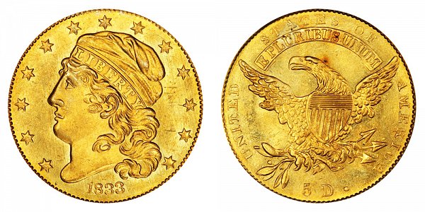 1833 Small Date - Capped Bust $5 Gold Half Eagle - Five Dollars