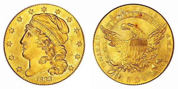 1833 Small Date - Capped Bust $5 Gold Half Eagle - Five Dollars 