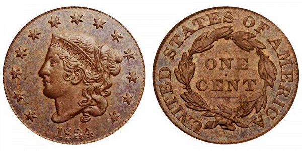 1834 Coronet Head Large Cent Penny - Large 8 - Large Stars - Large Letters 