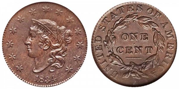1834 Coronet Head Large Cent Penny - Large 8 - Large Stars - Medium Letters 