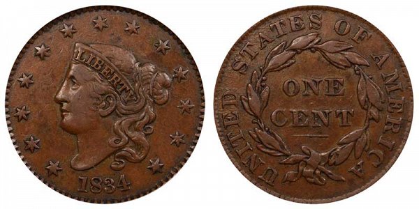 1834 Coronet Head Large Cent Penny - Large 8 - Small Stars - Medium Letters 