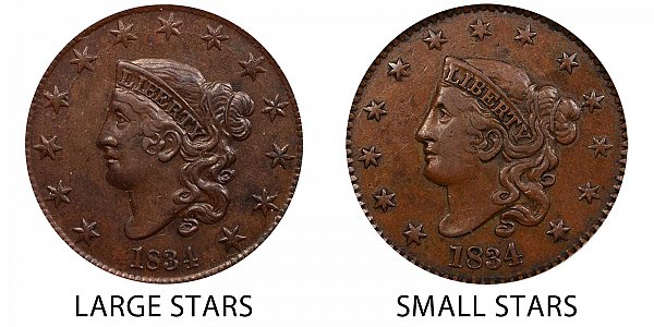 1834 Large Stars vs Small Stars Coronet Head Large Cent - Difference and Comparison