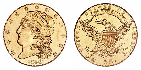 1834 Capped Bust $5 Gold Half Eagle - Plain 4 - Five Dollars 