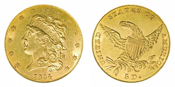 1834 Classic Head $5 Gold Half Eagle - Plain 4 - Five Dollars