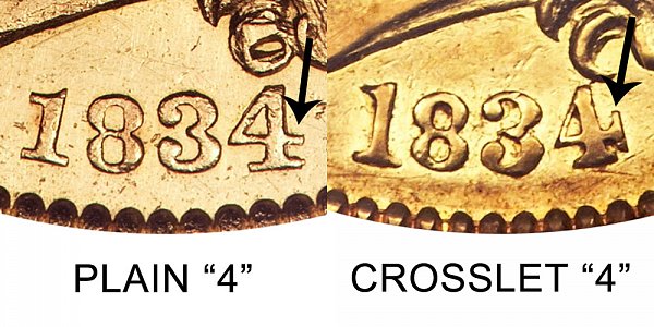 1834 Plain 4 vs Crosslet 4 - $5 Capped Bust Gold Half Eagle - Difference and Comparison