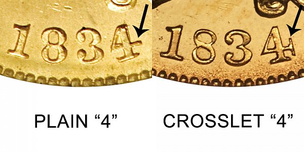 1834 Plain 4 vs Crosslet 4 - $5 Classic Head Gold Half Eagle - Difference and Comparison