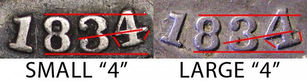 1834 Small 4 vs Large 4 Capped Bust Dime - Difference and Comparison
