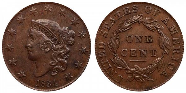 1834 Coronet Head Large Cent Penny - Small 8 - Large Stars - Medium Letters 