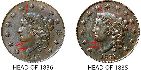 1835 Coronet Head Large Cent Penny - Head Of 1836