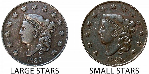 1835 Large Stars vs Small Stars Coronet Head Large Cent - Difference and Comparison