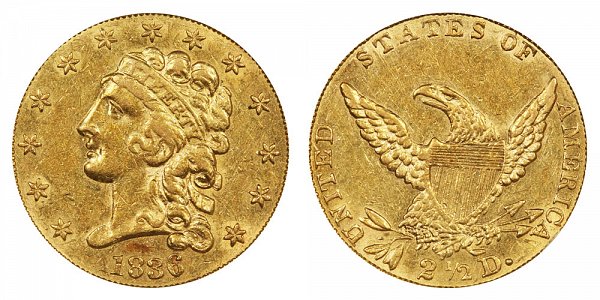 1836 Classic Head $2.50 Gold Quarter Eagle - 2 1/2 Dollars - Block 8 