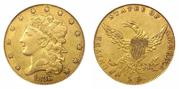 1836 Classic Head $5 Gold Half Eagle 