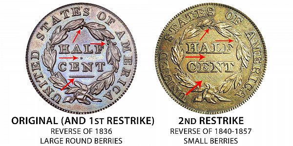 1836 Original vs Restrike Classic Head Half Cent - Difference and Comparison