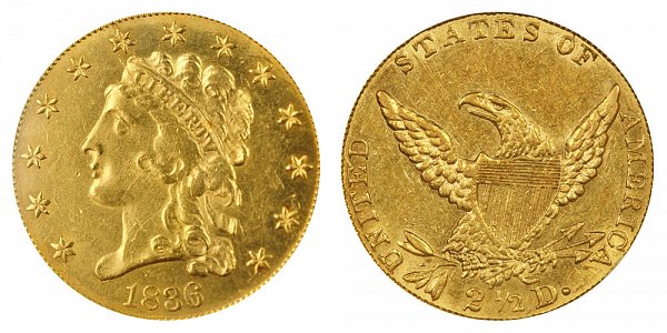 1836 Classic Head $2.50 Gold Quarter Eagle - 2 1/2 Dollars - Script 8 