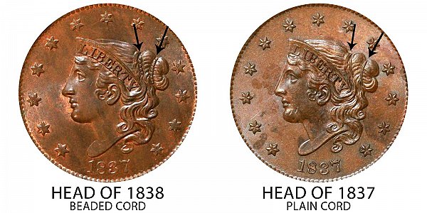 1837 Coronet Head Large Cent Penny - Head of 1838