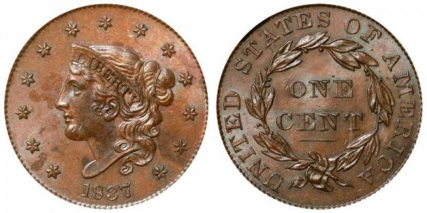 1837 Coronet Head Large Cent Penny - Plain Cord - Medium Letters