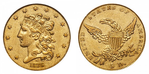 1838 C Classic Head $5 Gold Half Eagle 