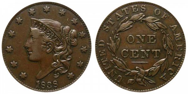 1838 Coronet Large Cent Penny 
