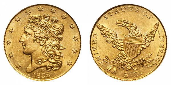 1838 D Classic Head $5 Gold Half Eagle 