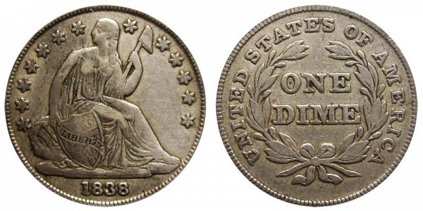 1838 Large Stars Seated Liberty Dime - Type 2 With Stars Added 