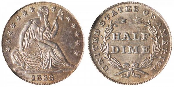 1838 Large Stars Seated Liberty Half Dime 