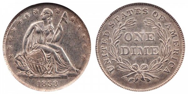 1838 Small Stars Seated Liberty Dime - Type 2 With Stars Added 