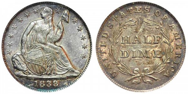 1838 Small Stars Seated Liberty Half Dime 