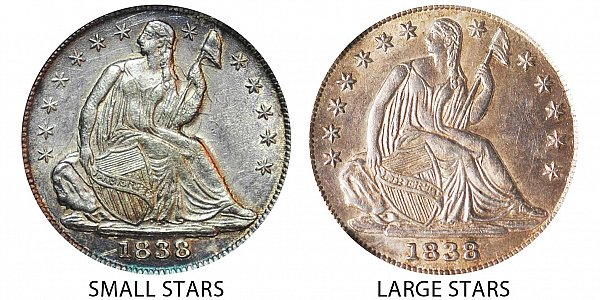 1838 Small Stars vs Large Stars Seated Liberty Half Dime - Difference and Comparison