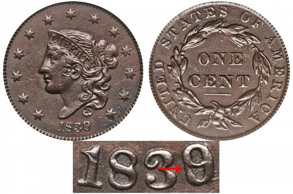 1839/6 Coronet Head Large Cent Penny - Plain Cords - Head Of 1836 