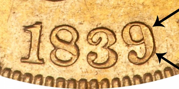1839/8  Liberty Head $10 Gold Eagle - 9 Over 8 Overdate - Closeup Example Image