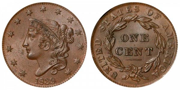 1839 Coronet Head Large Cent Penny - Head Of 1838 