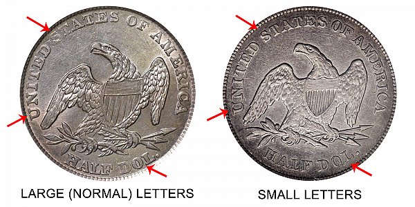 1839 Small Letters vs Large Normal Letters Capped Bust Half Dollar - Difference and Comparison